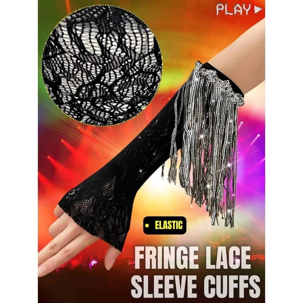 Women's Sparkly Sequin Black Fingerless Fringe Lace Arm Sleeves Party Gloves